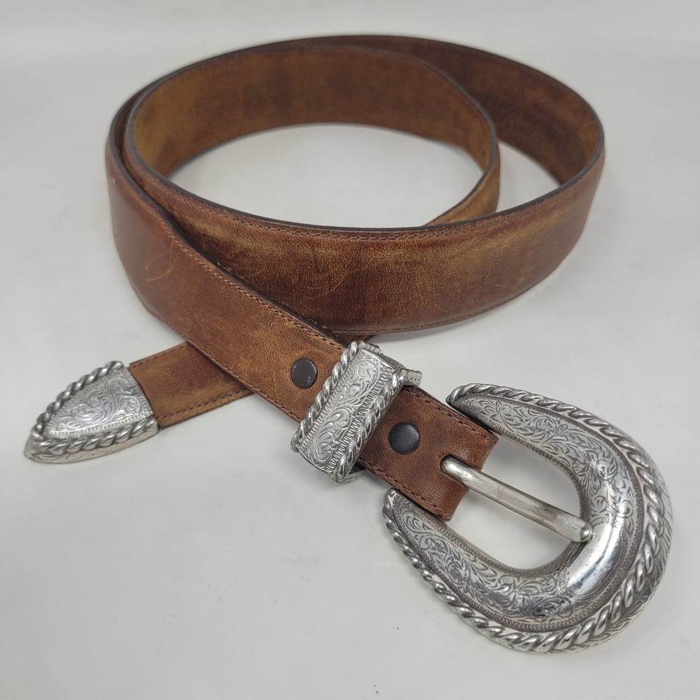 Vintage Justin Belt 40 Brown Leather Western Engraved Silver Buckle 191BY 90s
